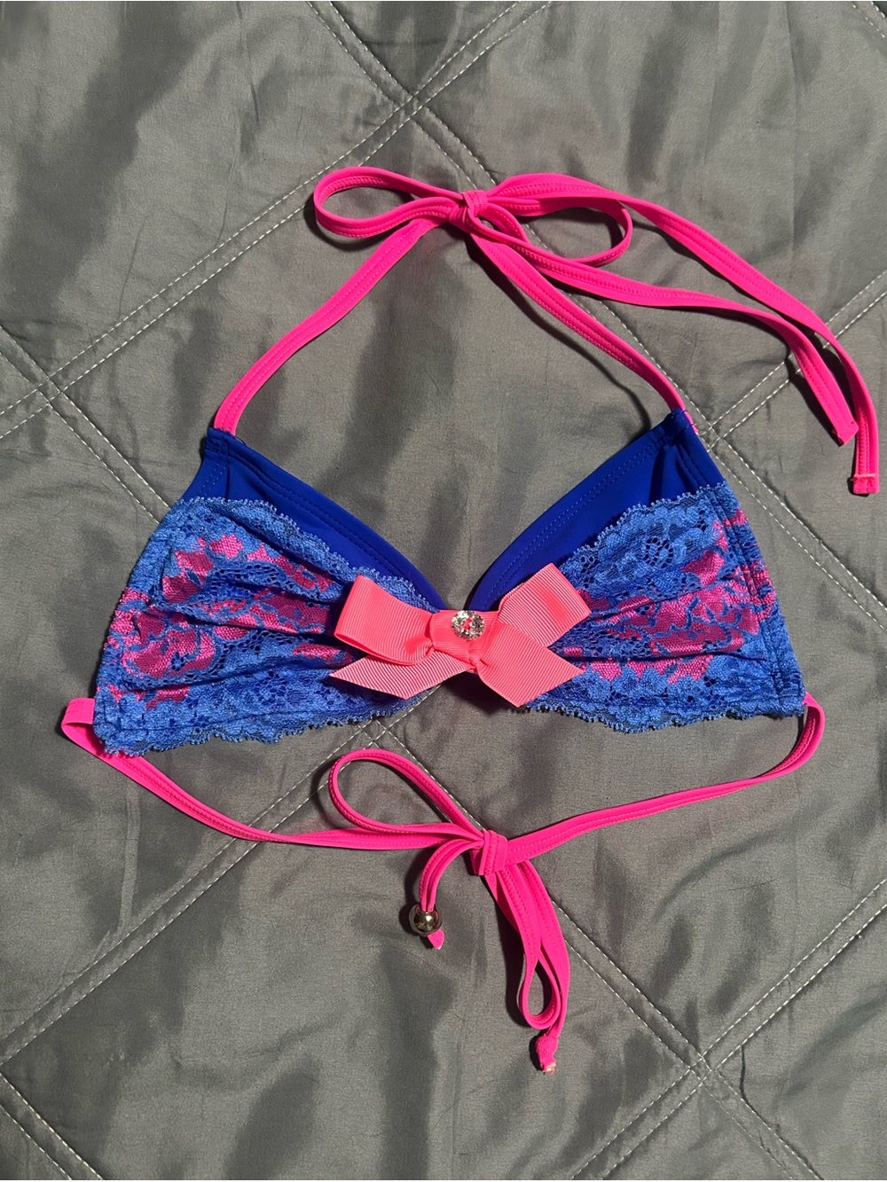 Girls' Blue Lace Triangle Dance Costume Top with Pink Trim